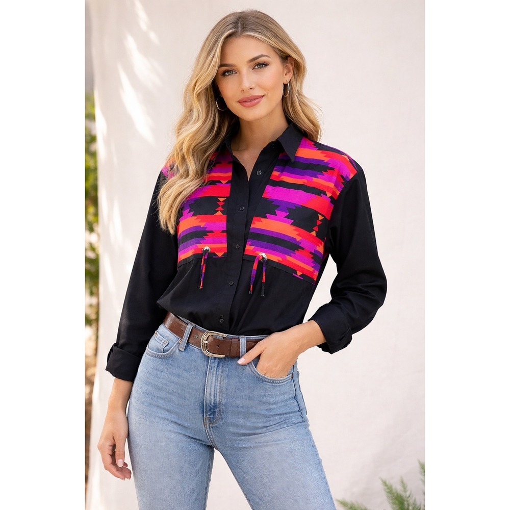 Wrangler Western Shirt Womens Medium Black Southwestern Geometric Concho 75636AI